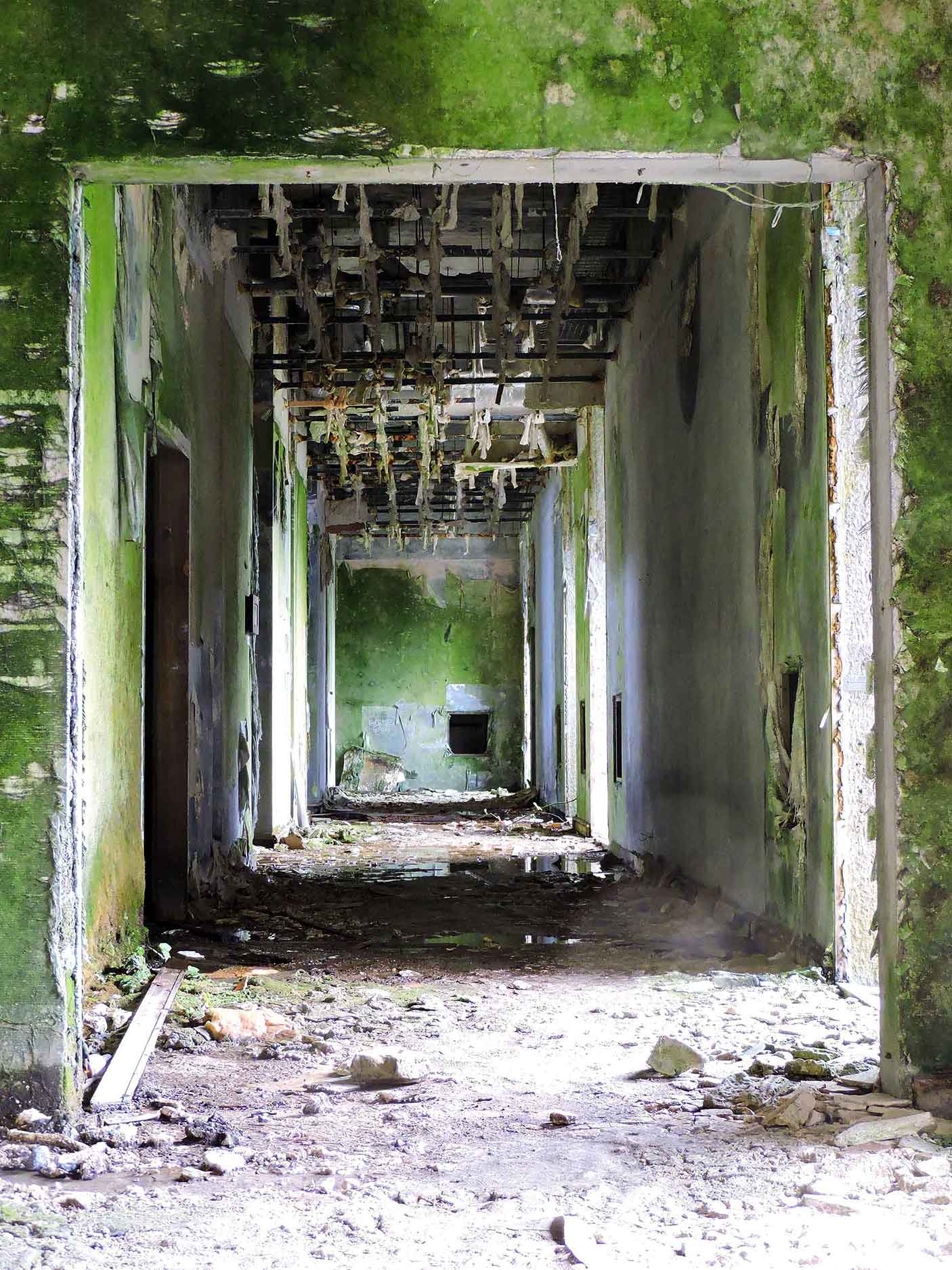 This image shows a long, decayed hallway with walls and ceiling covered in moss and mold, giving it an eerie, abandoned atmosphere. The ceiling has partially collapsed, exposing pipes and rusted metal, while debris and puddles cover the uneven floor. The vivid green growth contrasts with the stark decay, evoking a sense of nature reclaiming the structure.