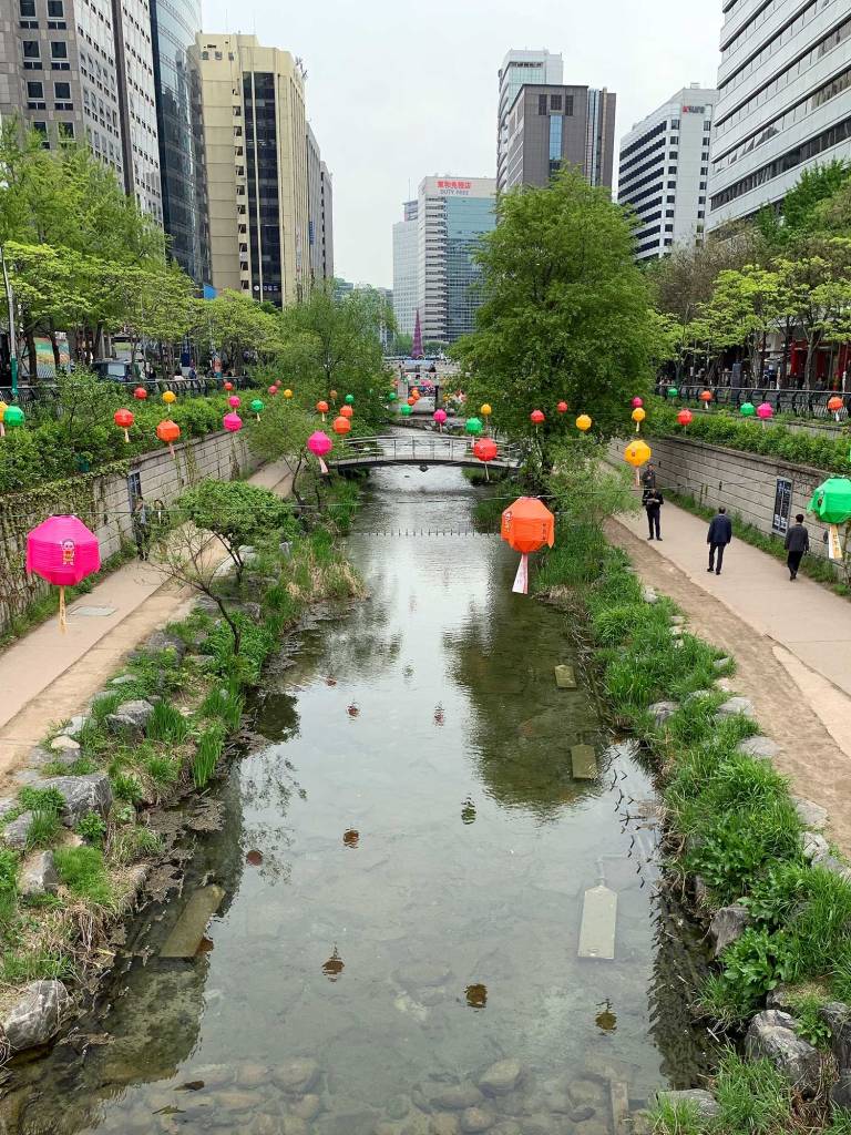 A serene urban stream lined with green plants and stone paths, flanked by high-rise buildings, with colorful lanterns in pink, orange, yellow, and green hanging along the waterway, creating a festive atmosphere.