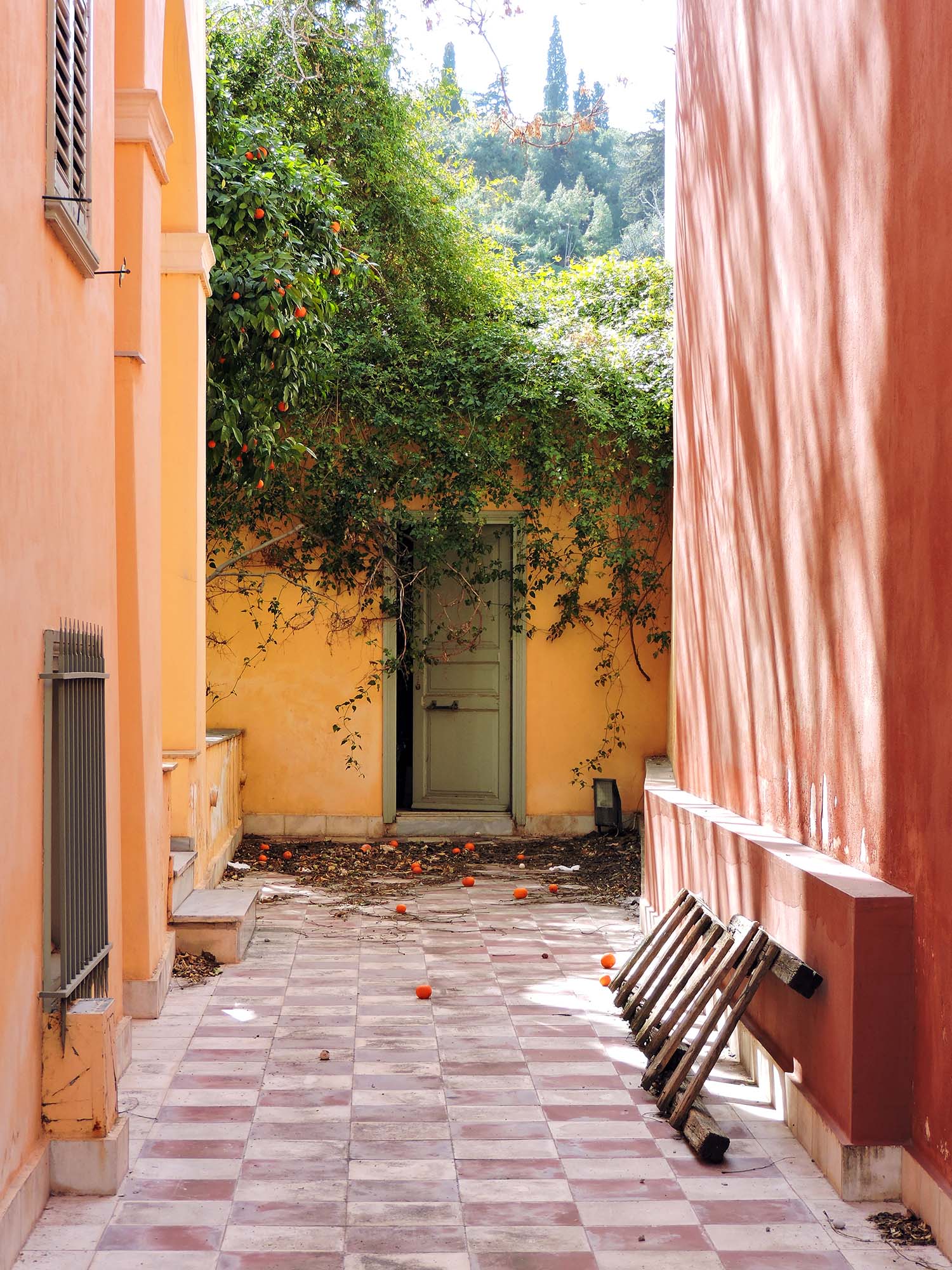 View down colorful alleyway in Athens