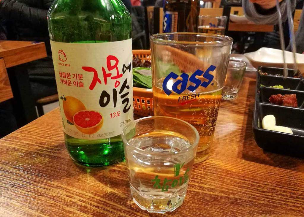 Soju shot on a table for "Interesting Liquors from Around the World"