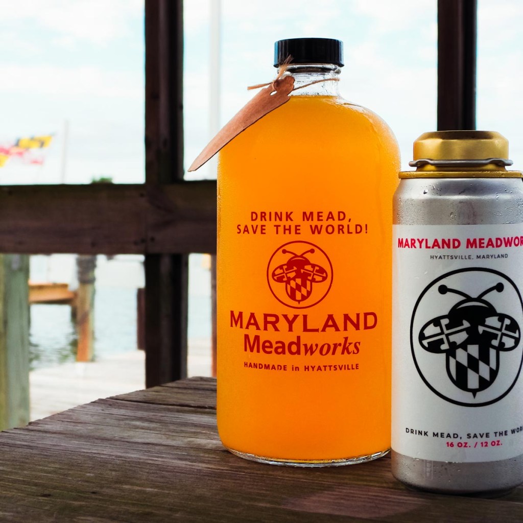 Maryland Meadworks growler with flag for "What Is Mead, Anyway?"
