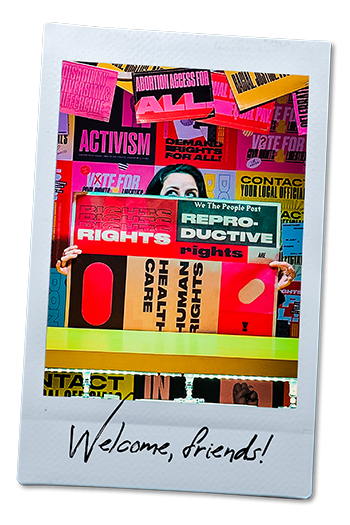 Jordan's About Me profile Polaroid with brightly colored artwork depicting feminist activism slogans