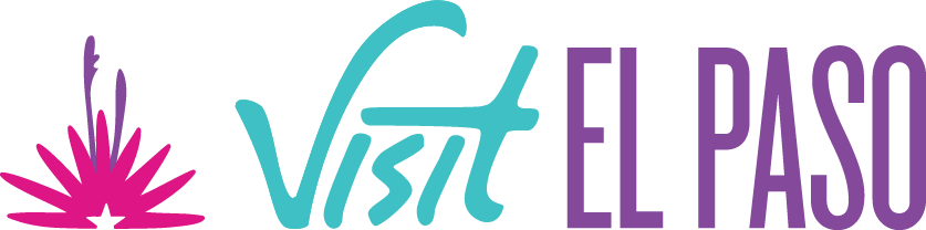 The logo for "Visit El Paso" features a stylized design with "Visit" in teal and "El Paso" in purple. To the left of the text is an abstract icon resembling a desert plant or cactus, with pink and purple tones, and a small star at the base of the plant. The overall design is modern and vibrant, reflecting the city’s desert landscape and unique character.