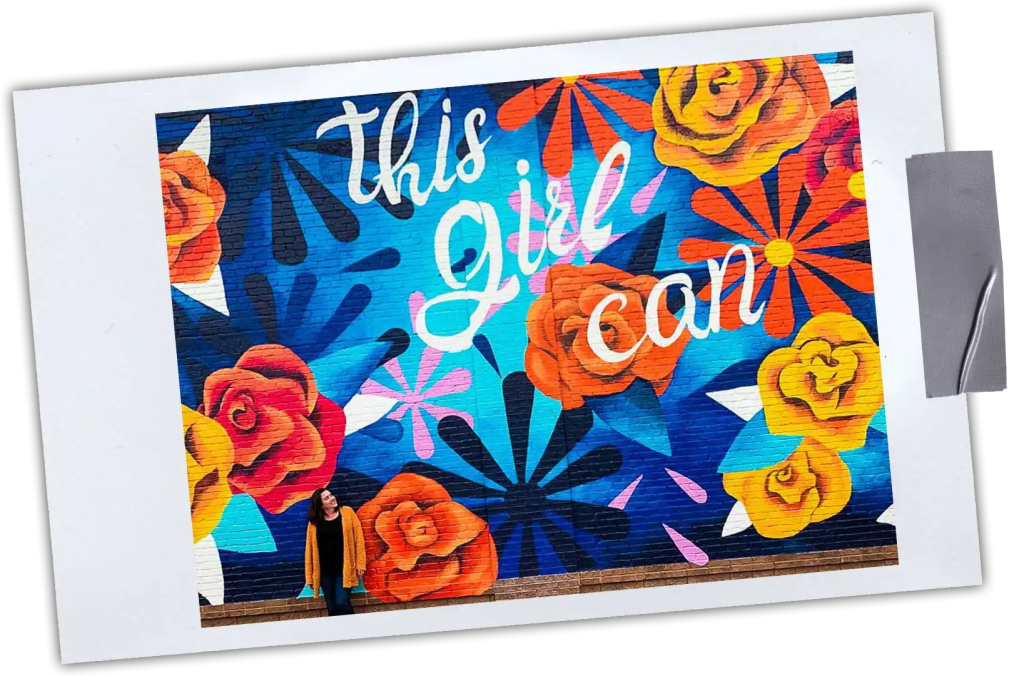 polaroid of jordan standing in front of a floral mural