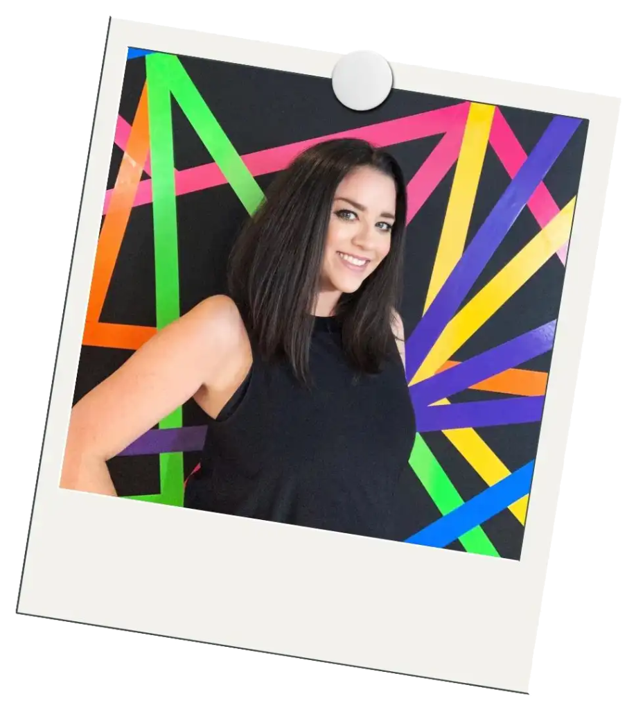 polaroid of Jordan in front of a black background criss crossed with colorful strips