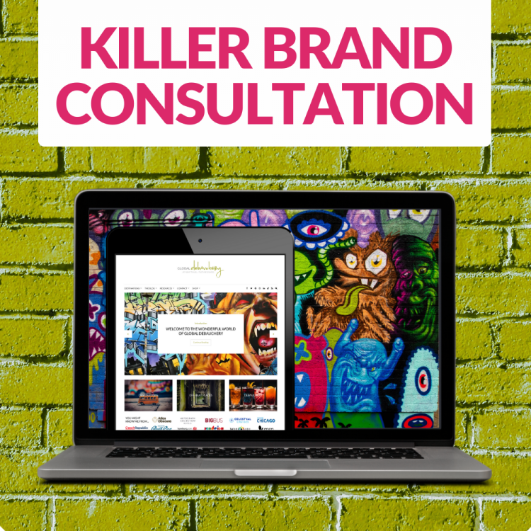 Global Debauchery's Killer Brand Consultation displayed on a laptop against a green brick painted wall