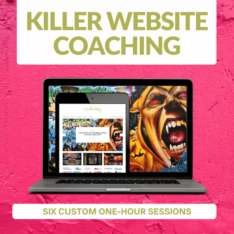 Global Debauchery's Killer Website Coaching displayed on a laptop against a hot pink painted wall