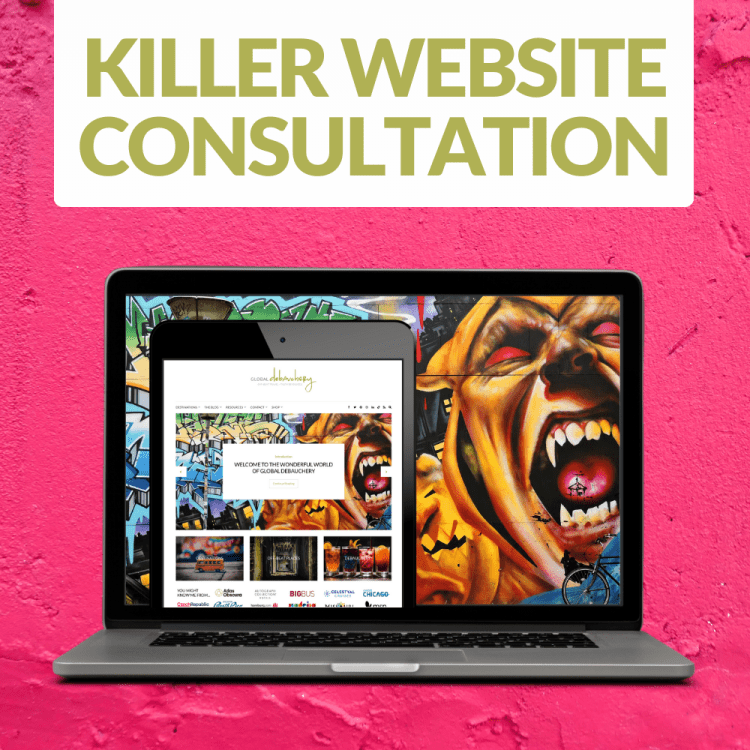 Global Debauchery's Killer Website Consultation displayed on a laptop against a hot pink painted wall