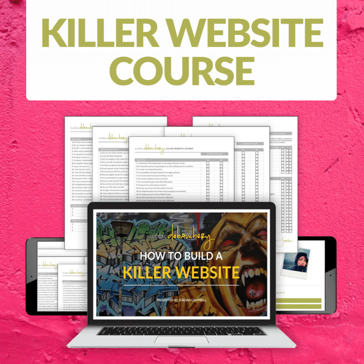 Global Debauchery's Killer Website Course displayed on a laptop against a hot pink painted wall