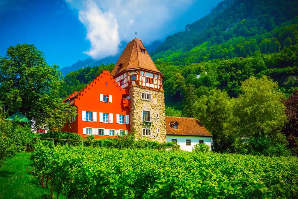Bright red historic building with white window shutters and a stone tower topped with a steep tiled roof. The building sits beside rows of green vineyards with forested mountains rising behind it under a bright blue sky with drifting clouds.