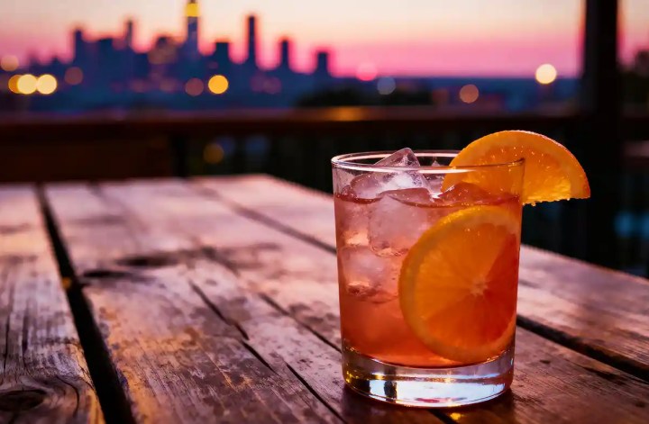 A short glass filled with a pink cocktail and ice sits on a weathered wooden table at sunset. Orange slices garnish the drink while a blurred city skyline glows in the background with pink and purple evening light.